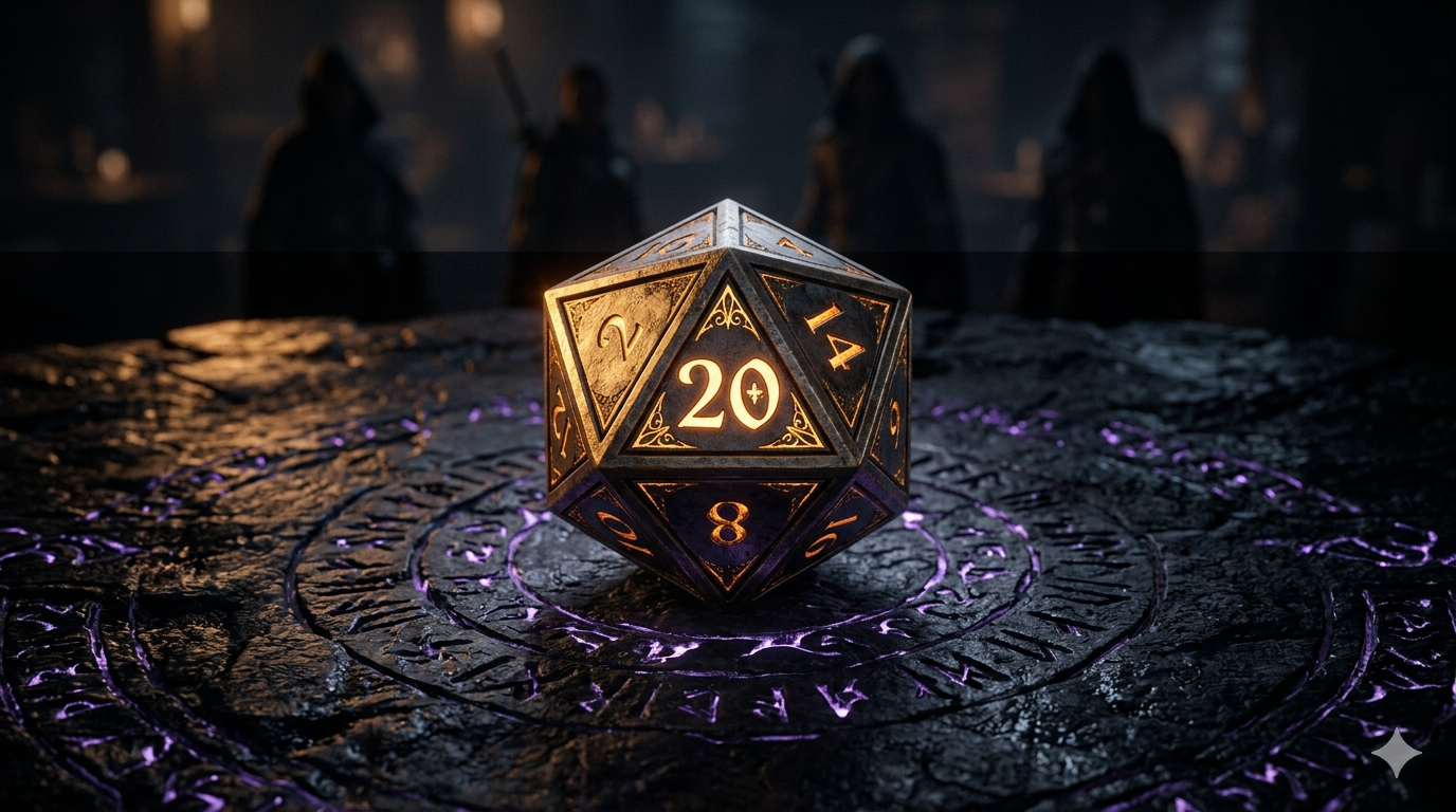 Close-up of a D20 die on a table