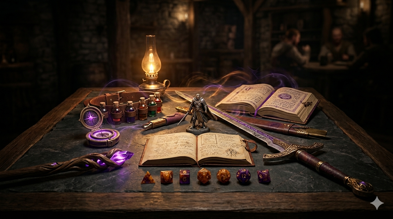 Fantasy warrior figurines on a gaming table